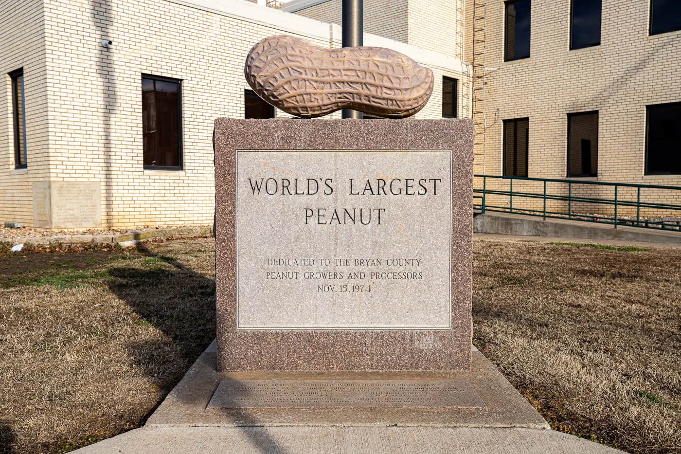 Durant Oklahoma's 'World's Largest Peanut' statue—three-foot aluminum monument at City Hall, roadside tribute to Bryan County growers